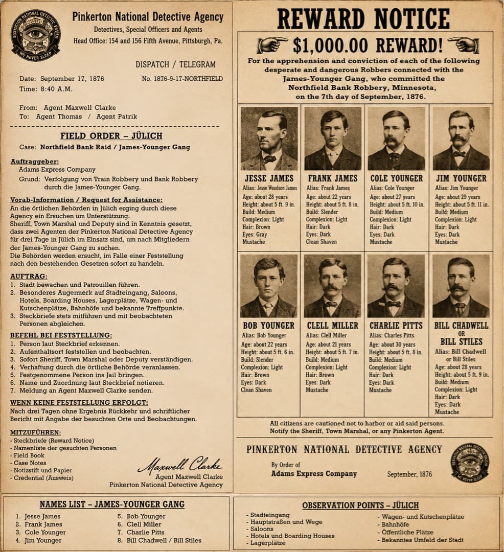 Field Order Jülich · Pinkerton National Detective Agency · Reward Notice 1.000 Dollar · acht Steckbriefe der James-Younger Gang · Names List · Observation Points · September 1876 · Maxwell Clarke.